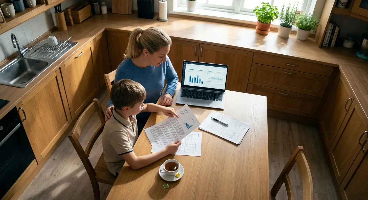 A parent and child looking at an 11+ results letter together at the kitchen table