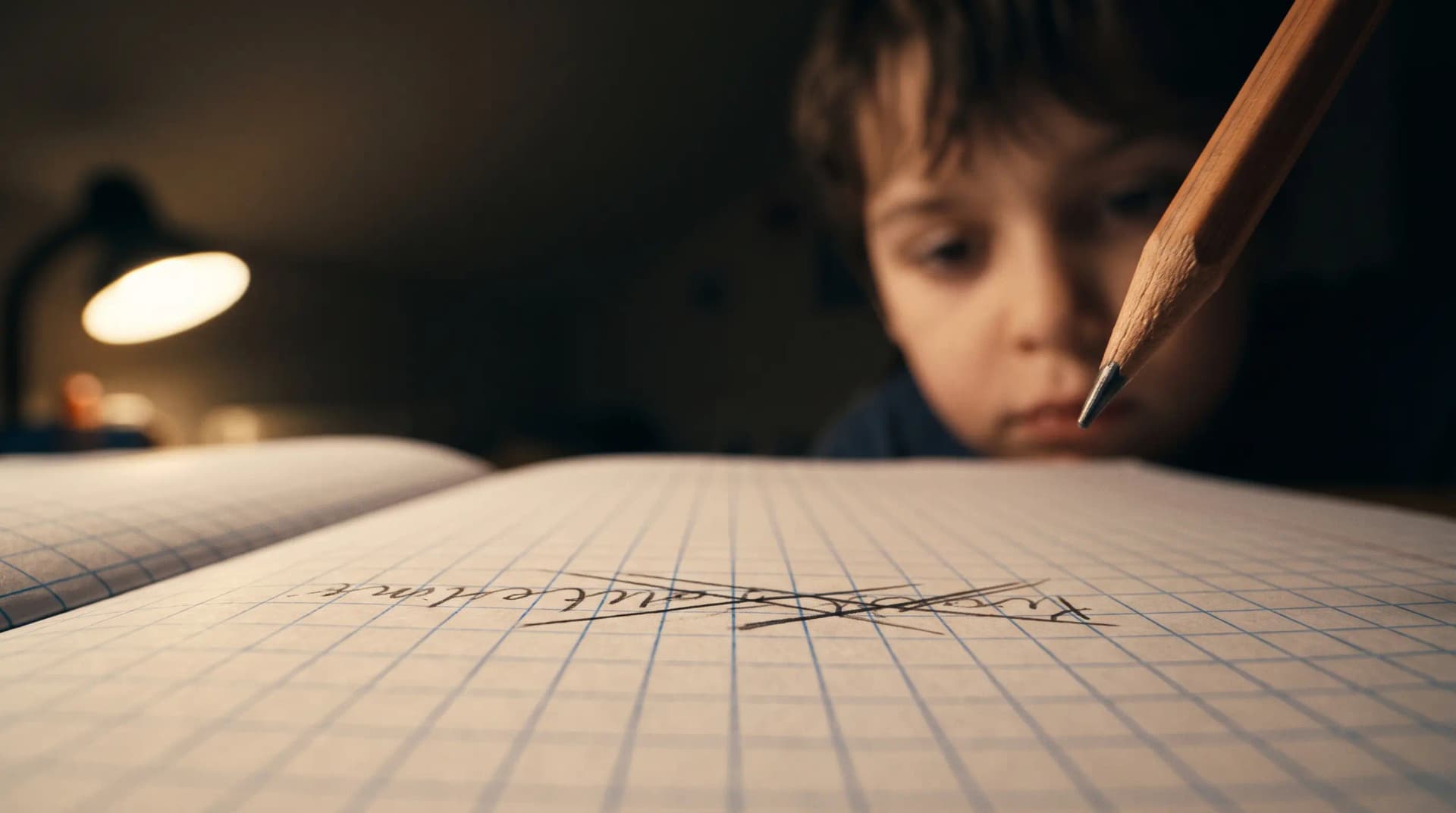 Pencil hovering above an exercise book during a study session