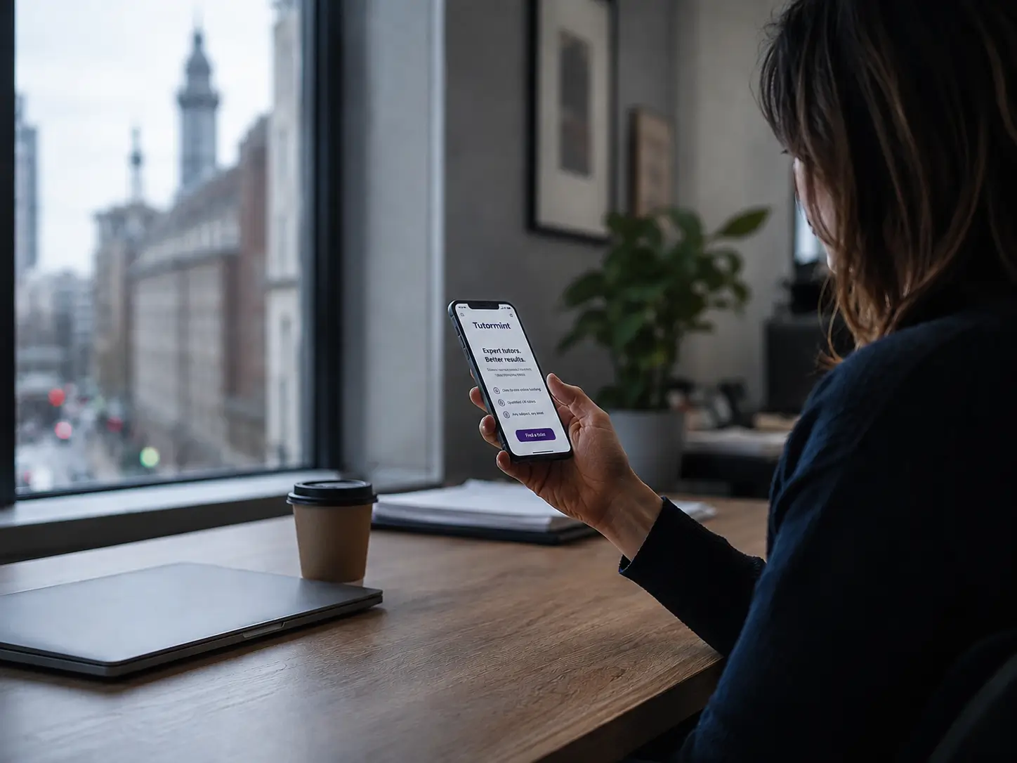 A parent checking tutoring options on a phone at a central London desk during a break