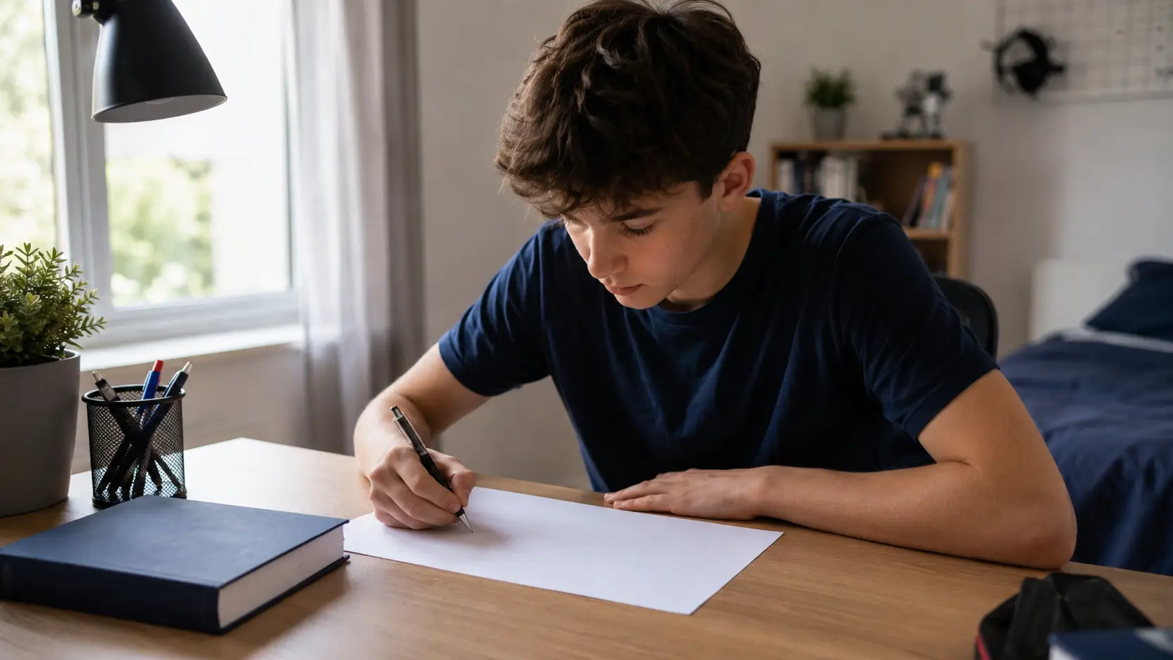 A GCSE student writing on blank paper with a closed chemistry textbook beside them