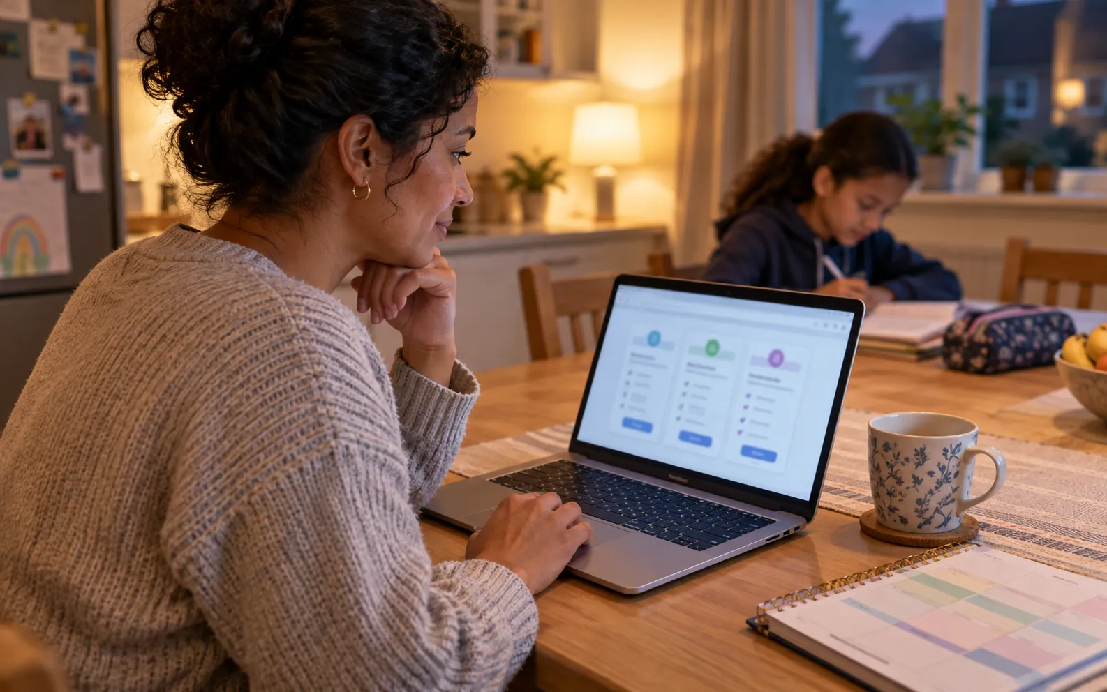 A parent at a kitchen table comparing tutoring prices on a laptop while a child works nearby