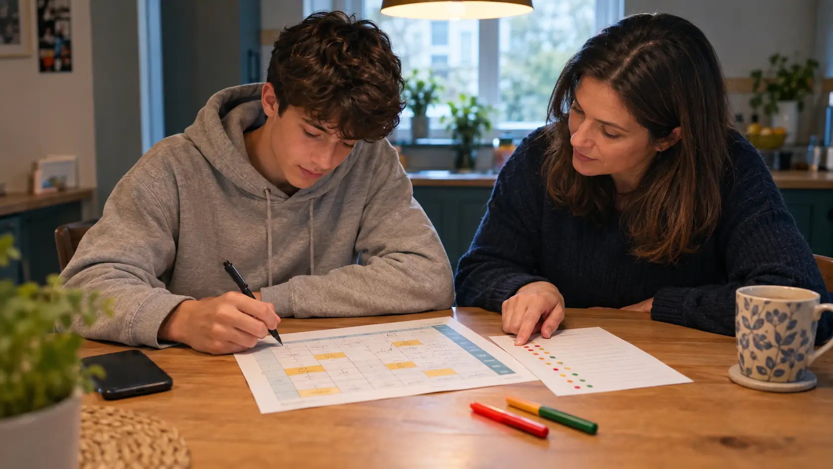 A teenager in a grey hoodie fills in a printed weekly revision timetable at a kitchen table while a parent beside them points to a sheet of red, amber and green dots, with felt-tip pens, a mug and a phone face down on the table