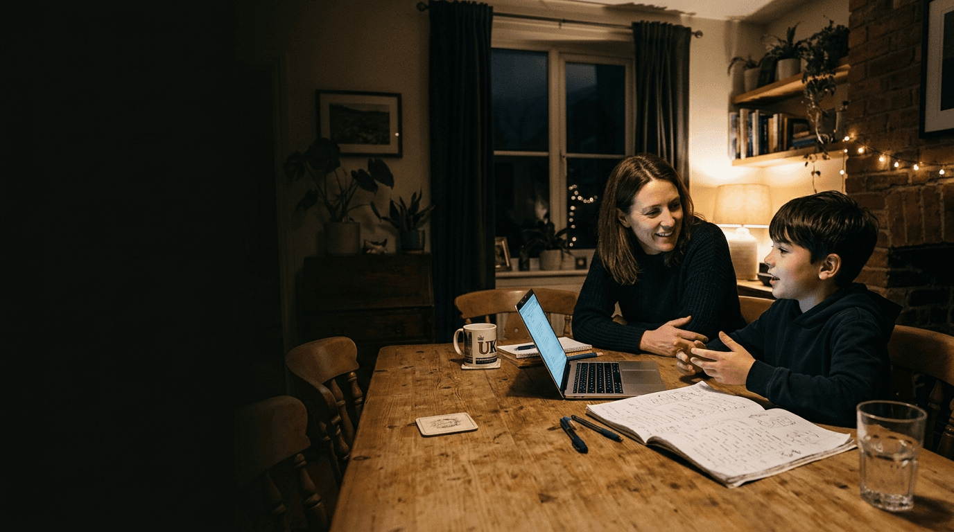 A parent and child reviewing schoolwork together at home
