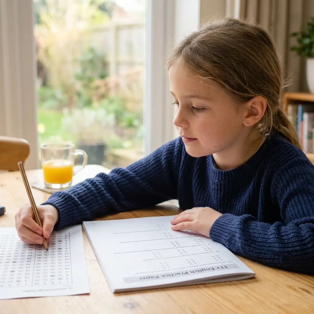 A GCSE student revising at a desk with a timetable and flashcards, not textbooks piled high