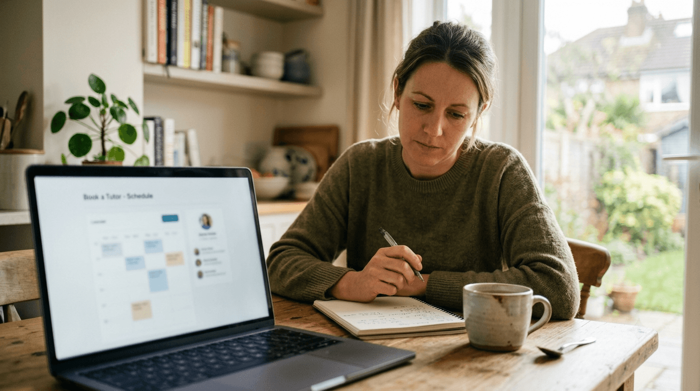 A parent reviewing tutoring costs and a booking schedule on a laptop at a kitchen table