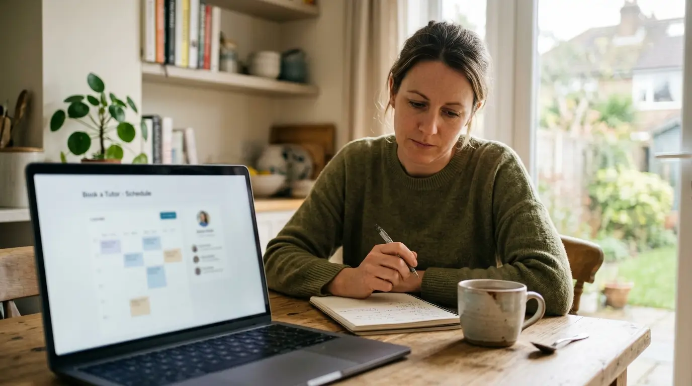 A parent reviewing tutoring costs and a booking schedule on a laptop at a kitchen table