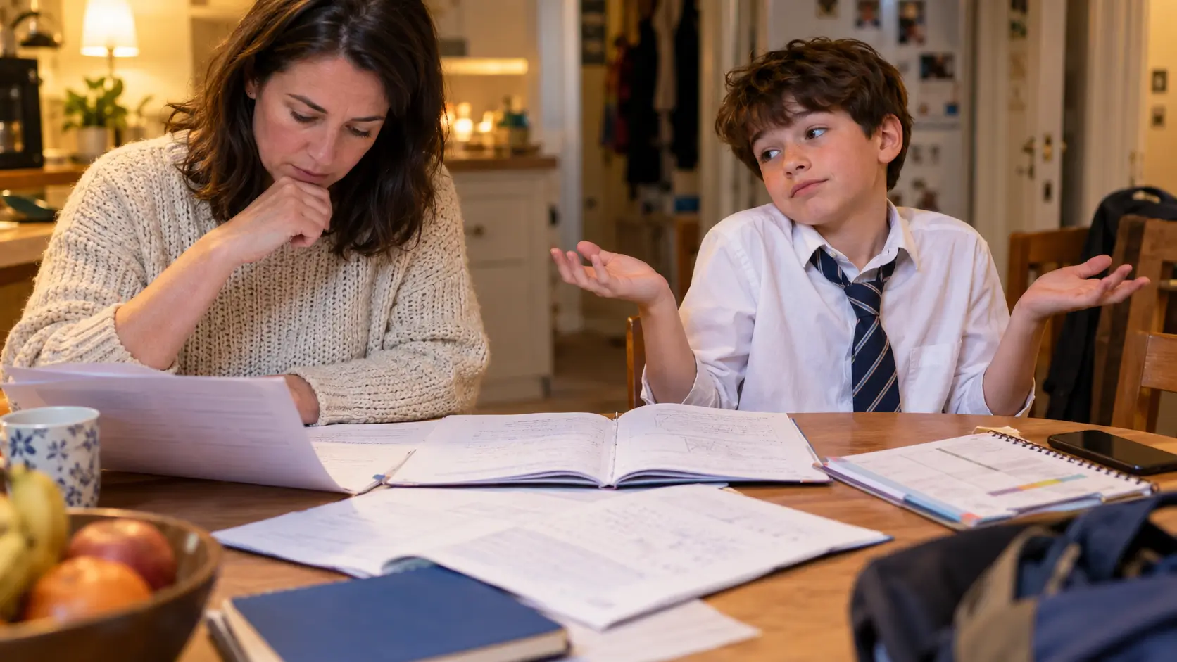 A mother reading a school report at the kitchen table while her Year 7 son shrugs with both hands, exercise books open between them