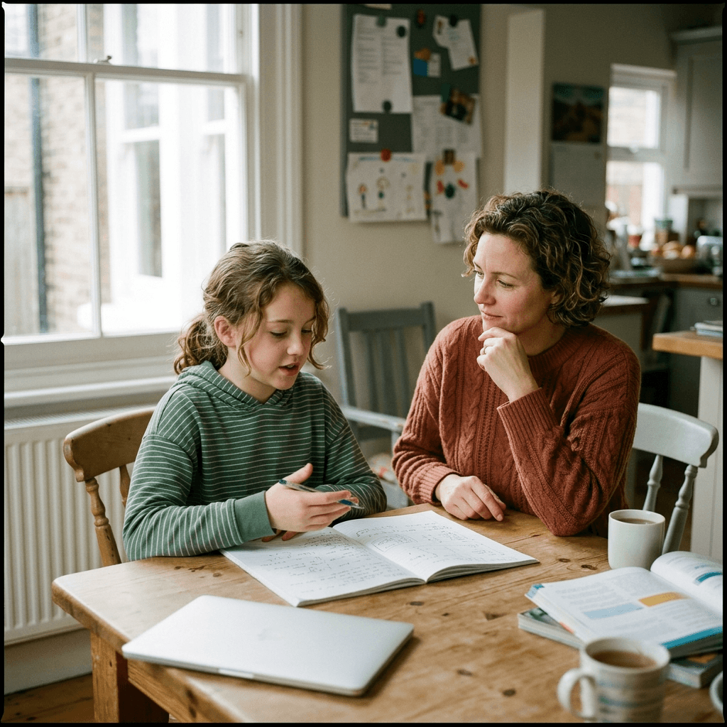 A UK parent and child reviewing schoolwork together at home