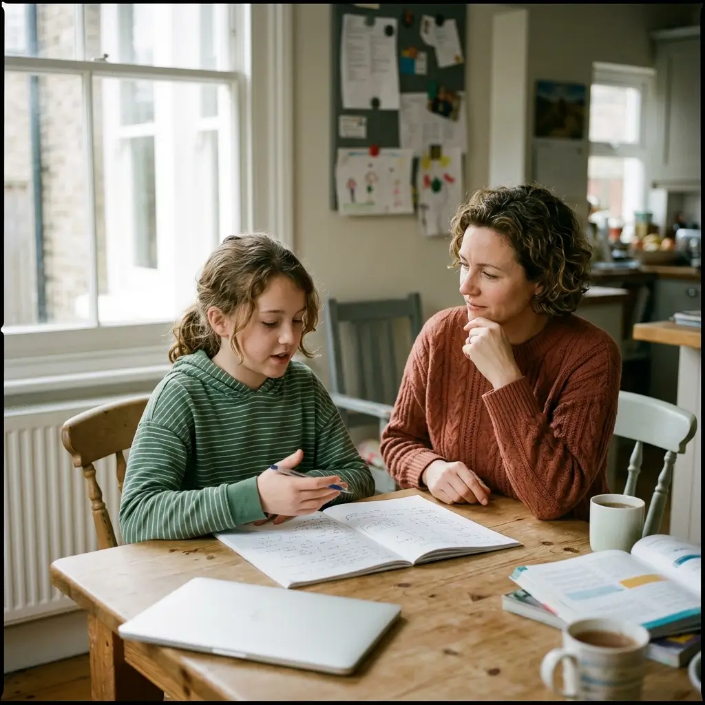 A UK parent and child reviewing schoolwork together at home