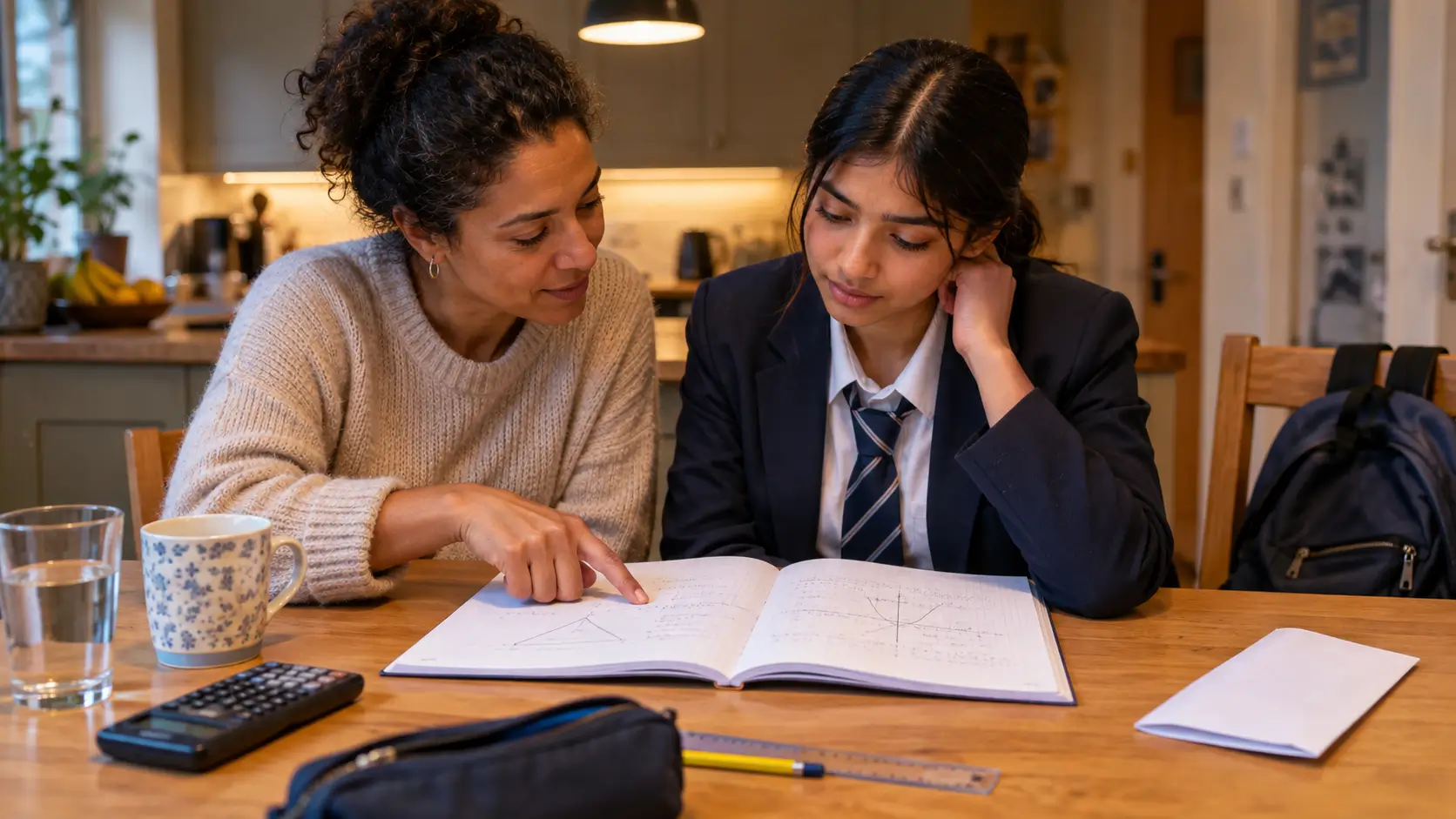 A parent points to a page of maths working in an open exercise book while a student in school uniform listens at the kitchen table, a folded letter and a calculator beside them