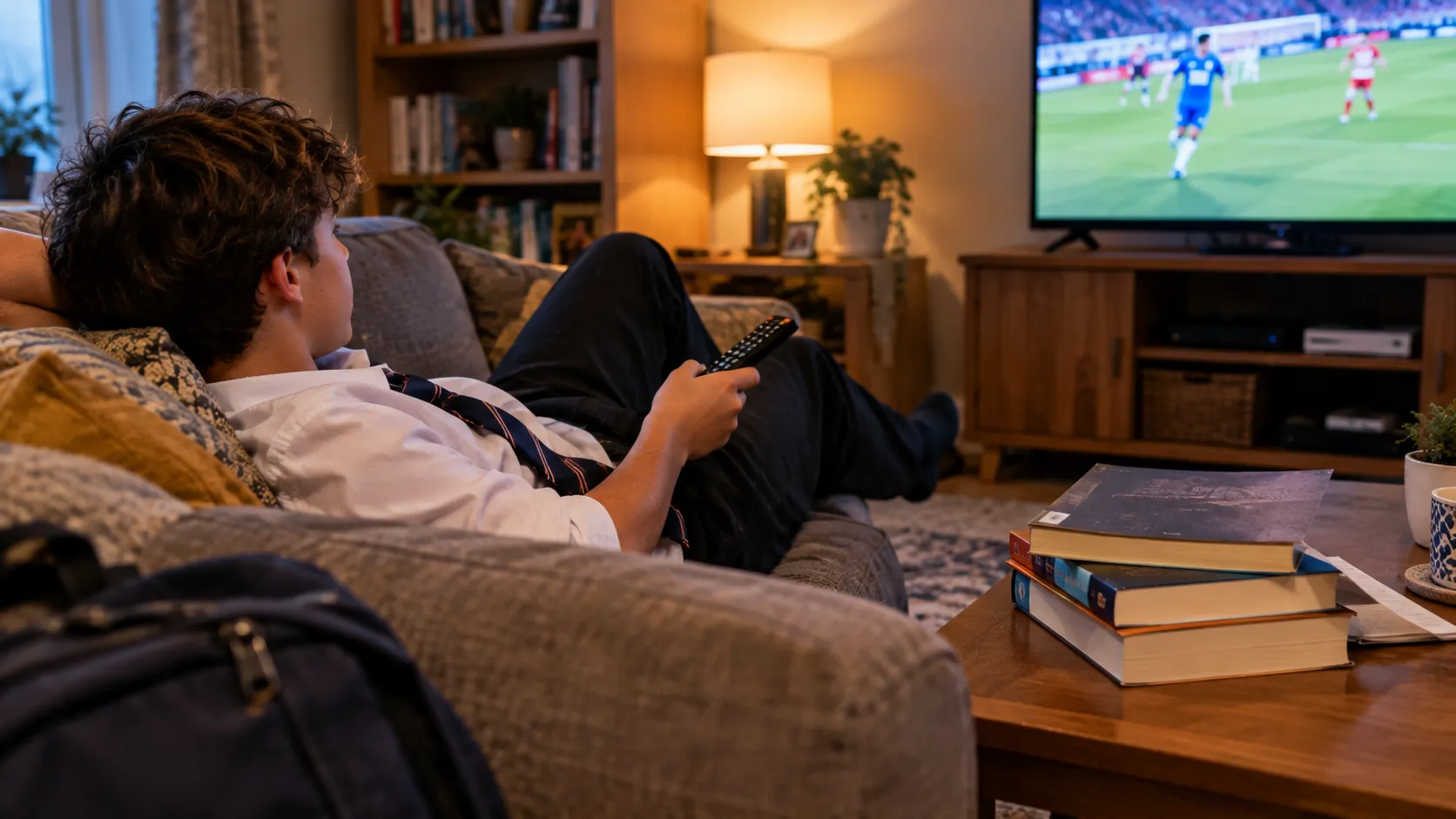 A teenager in school uniform, tie loosened, lying on the sofa watching football on TV while a stack of books sits untouched on the coffee table