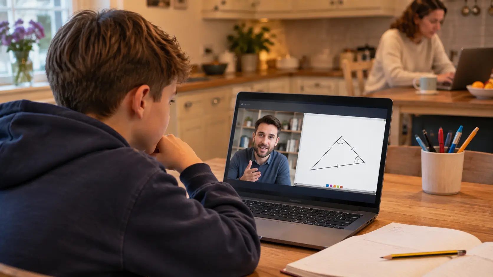A child at a laptop in a family kitchen during a live one-to-one online lesson, with a parent working nearby