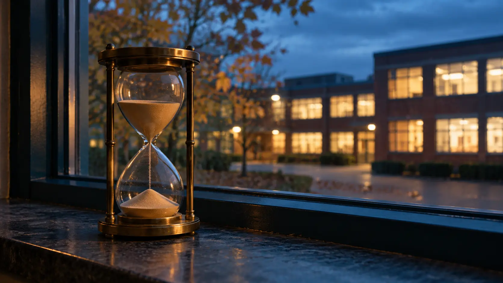 A brass hourglass on a dark stone windowsill at dusk, sand falling into the lower bulb, with an autumn tree and a brick school with lit classroom windows across a wet courtyard behind it