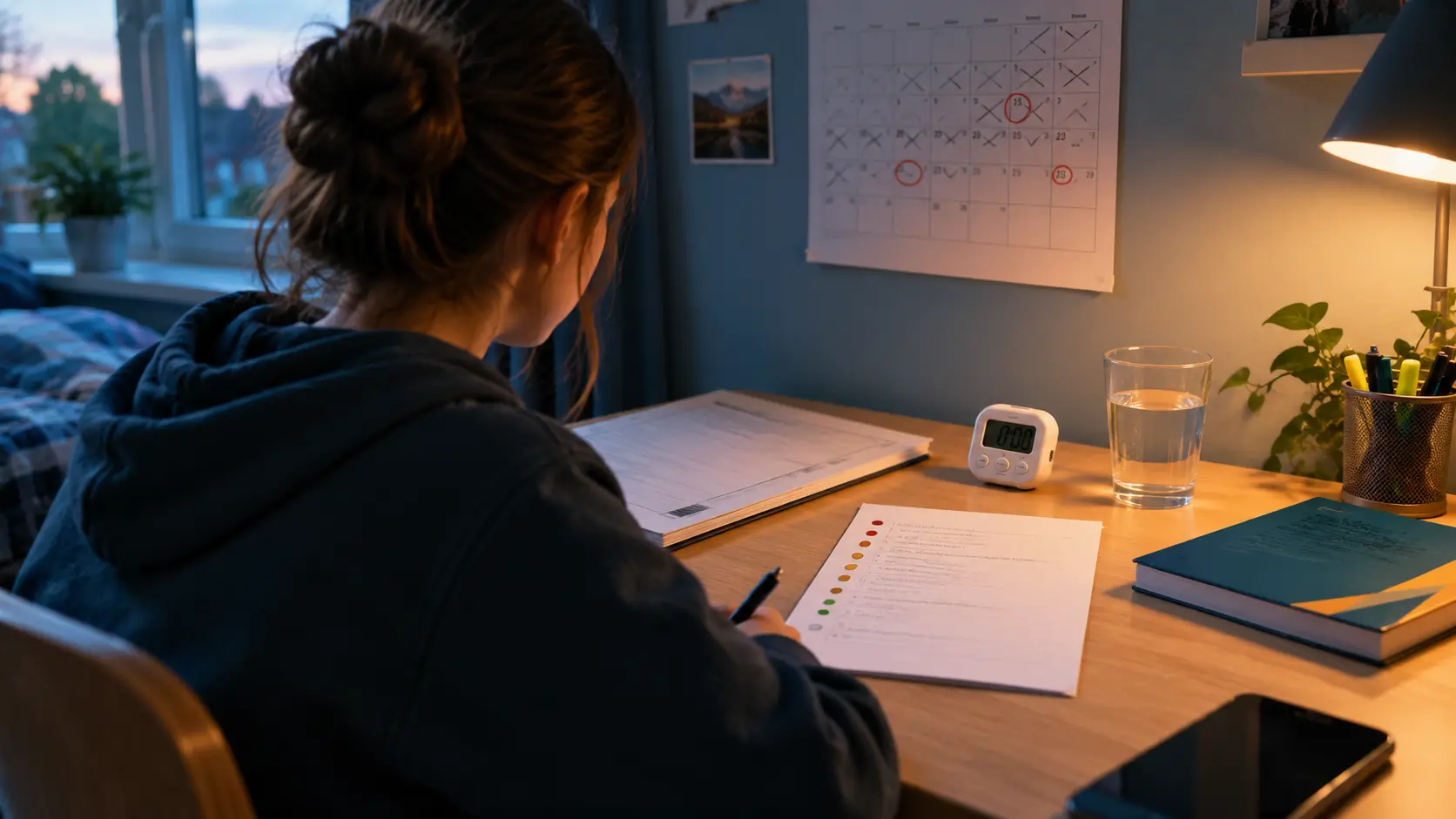 A student in a hoodie, seen from behind, works at a lamp-lit desk on a topic list marked with red, amber and green dots, beside a digital timer, a glass of water and a past paper, with a wall calendar of crossed-off days and ringed dates above