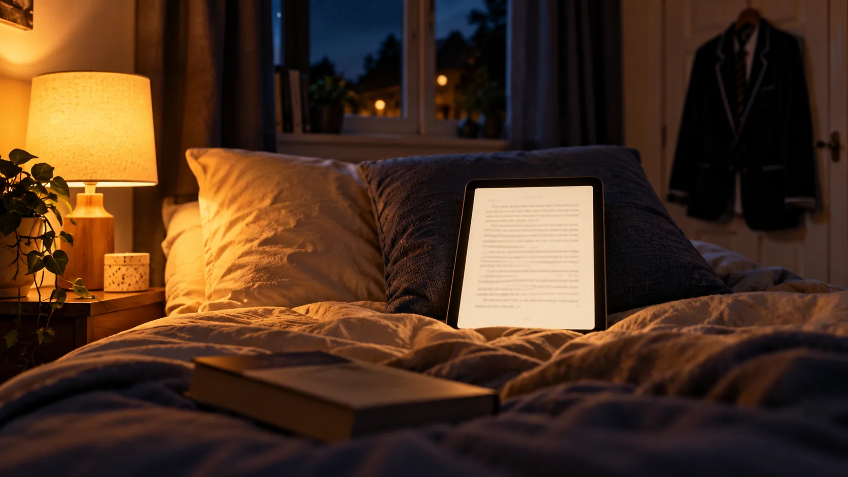 A tablet showing a glowing page of an ebook, propped against a cushion on a bed at night, with a paperback lying face down on the duvet beside it and a bedside lamp lit