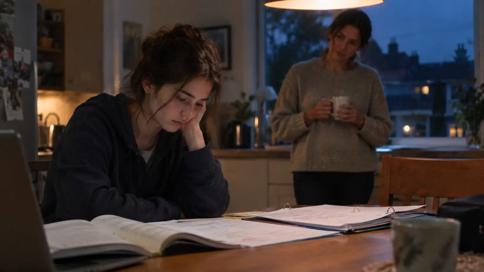 A Year 12 student in a dark hoodie sits at a kitchen table at dusk, cheek resting on one hand, looking down at an open textbook and a ring binder of marked work, while a parent in a grey jumper stands behind by the window holding a mug and watching her