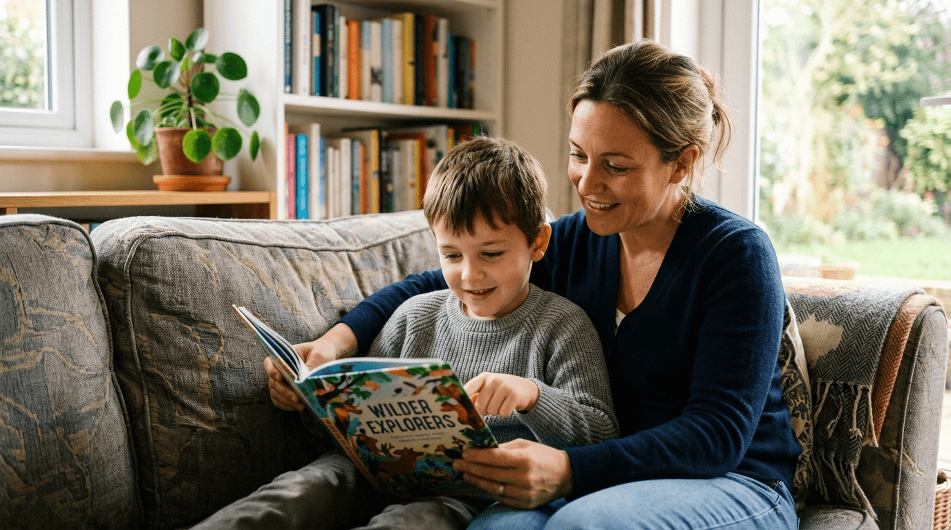 A young child reading a picture book together with a parent on the sofa at home