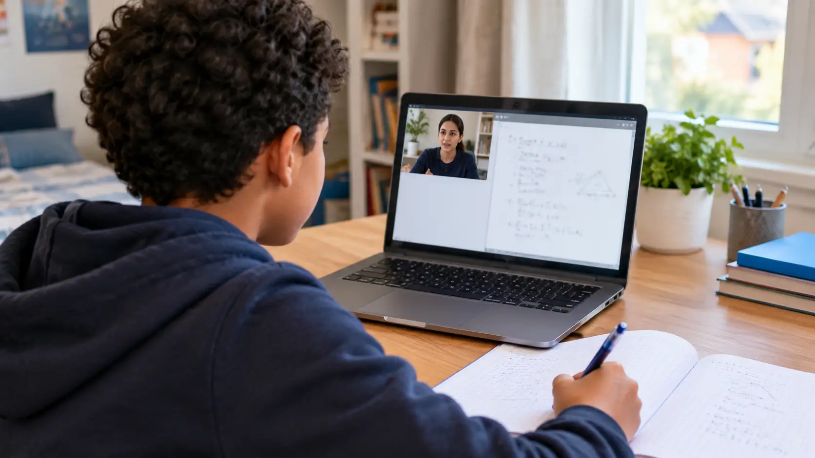 Tutor working one-to-one with a school-age child during an online tutoring lesson