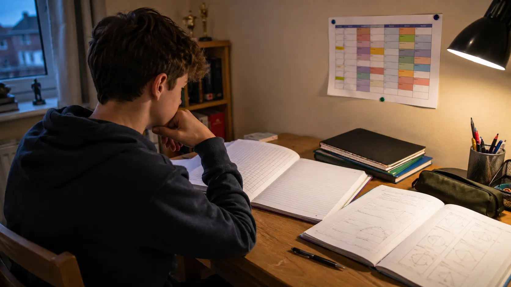 A Year 10 student at a lamp-lit desk with exercise books open and a school timetable pinned on the wall above