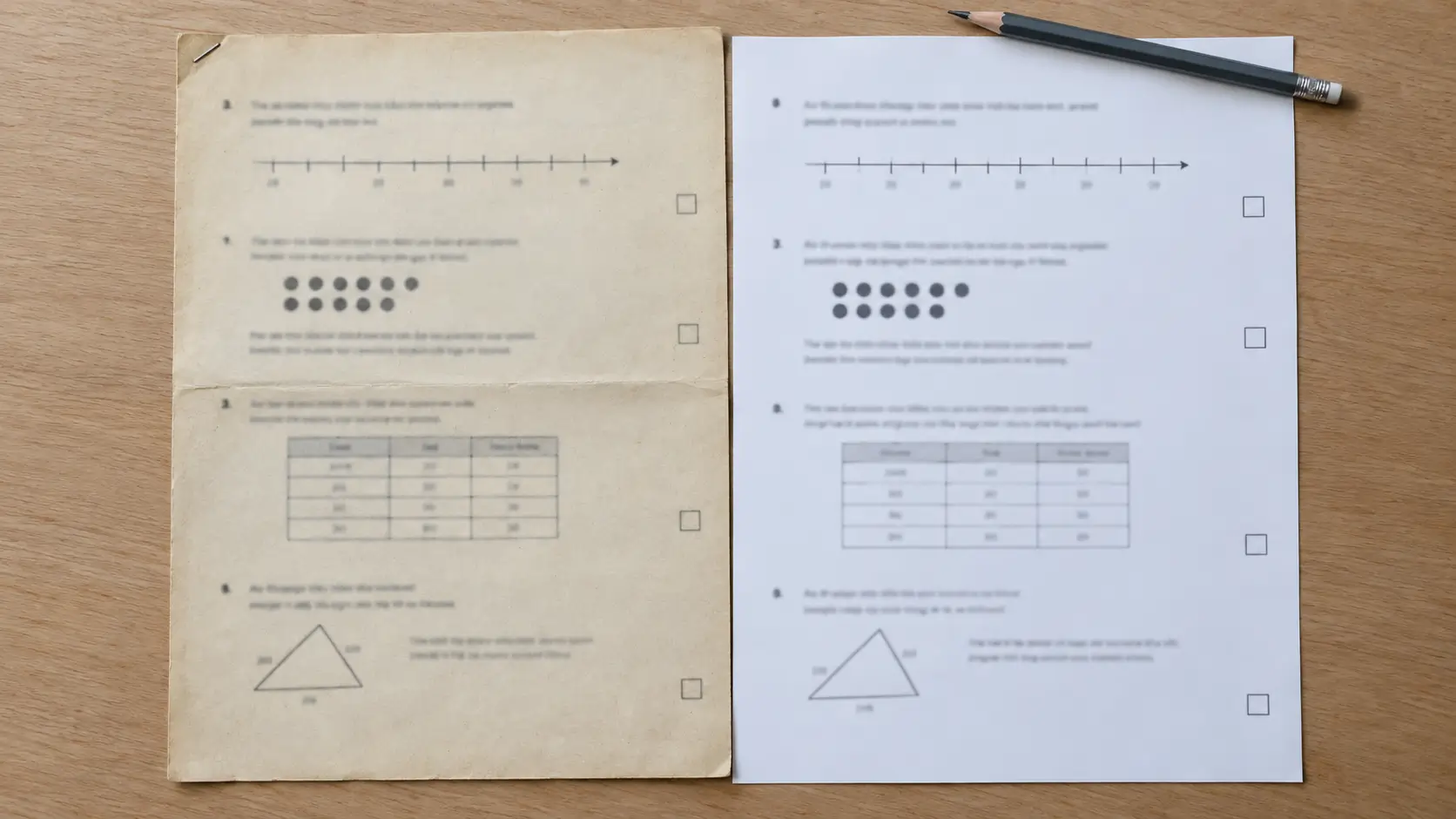 An aged, creased maths paper beside a crisp white one on a wooden desk, both showing a number line, a dot array, a table and a triangle, none of the print legible