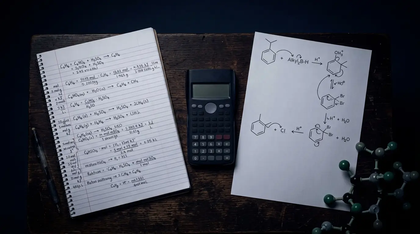 A-Level chemistry working on a dark desk — a pad of multi-step calculations, a hand-drawn organic mechanism and a molecular model