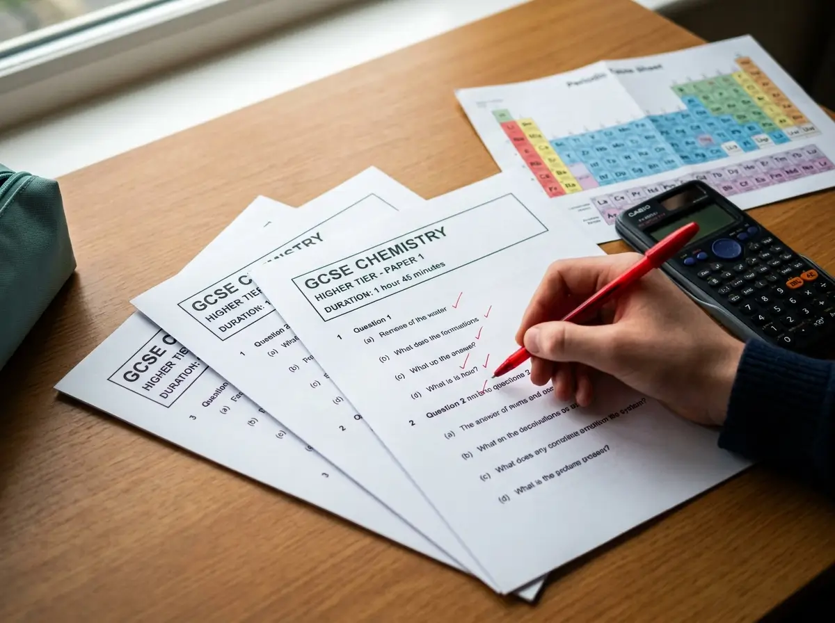 GCSE Chemistry Higher Tier practice papers fanned on a desk being marked in red pen, a periodic table sheet and calculator alongside