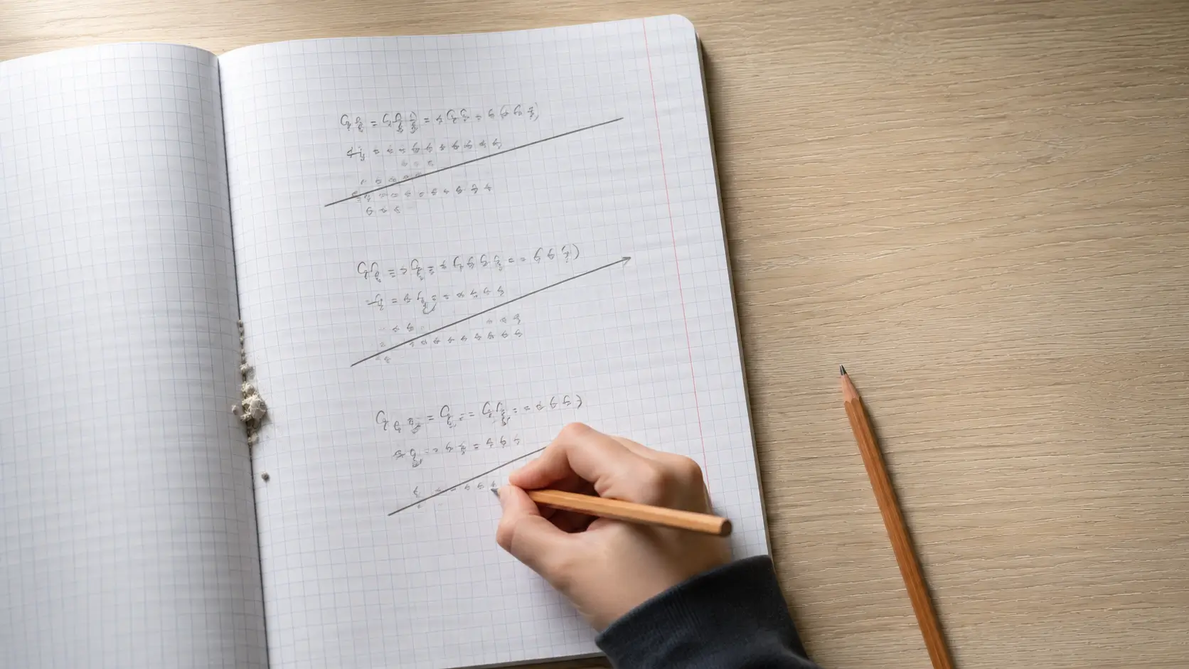 A child's hand working through maths on squared paper, earlier attempts crossed out above, a spare pencil on the desk
