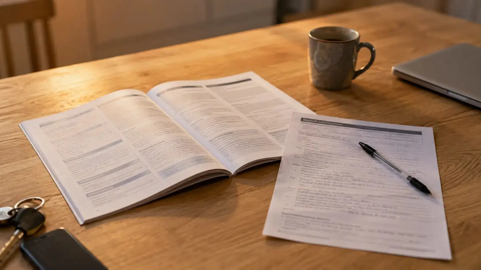 An options booklet open on a kitchen table beside a half-completed form and a pen, subject names out of focus