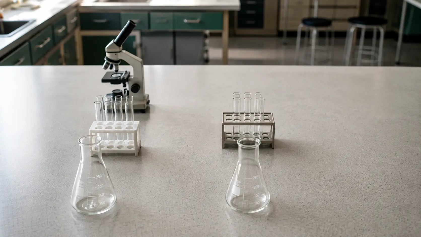 An empty school science lab bench with two conical flasks, two racks of test tubes and a microscope behind