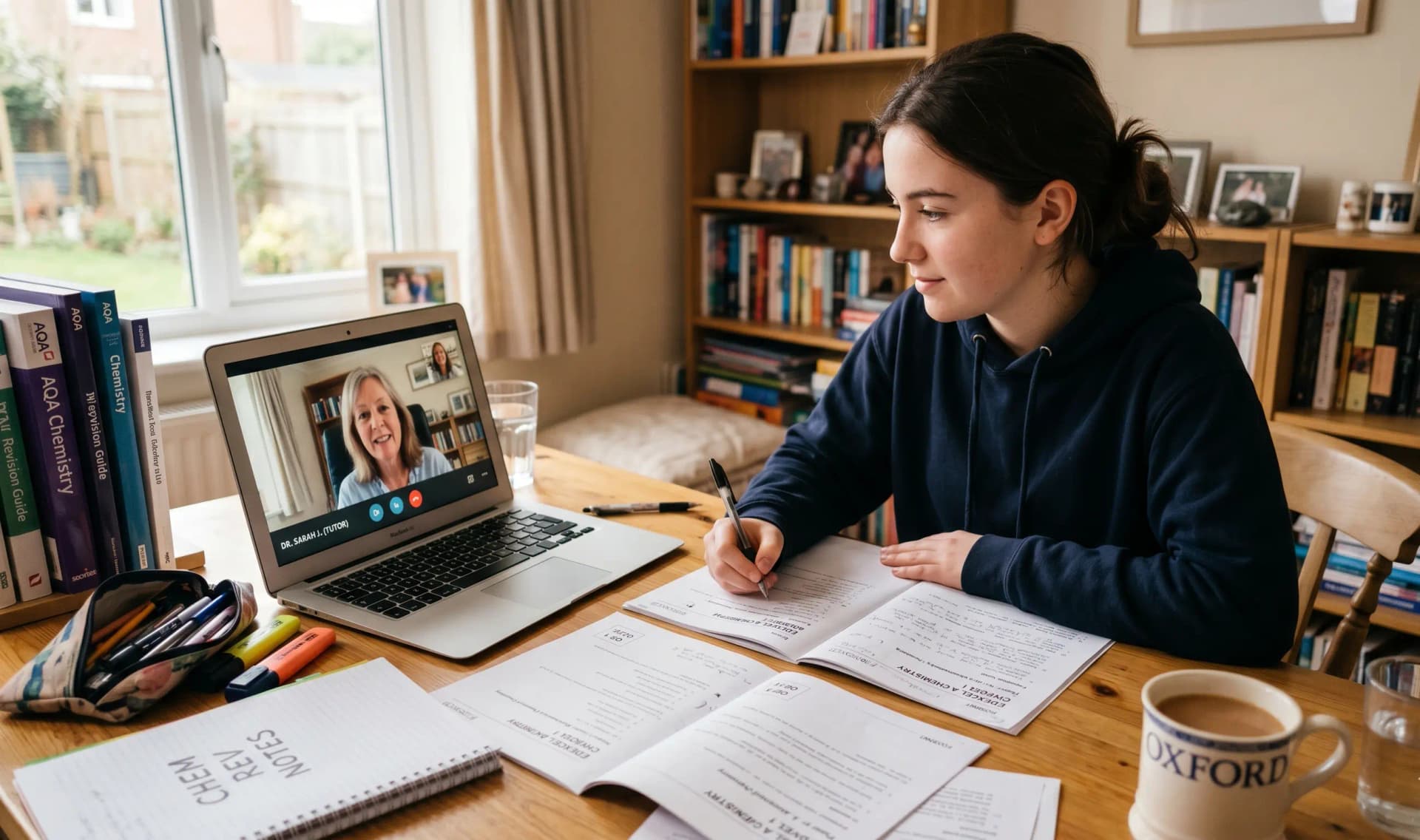 UK student working through past papers at a desk during one-to-one online exam preparation tutoring