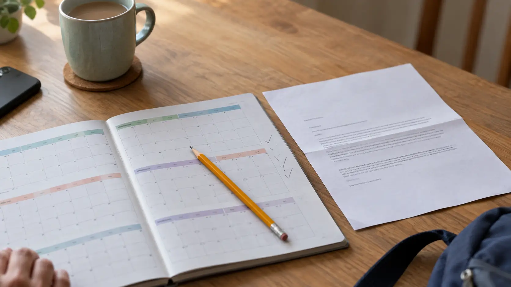 A parent at a kitchen table with a school letter and a calendar, working out which school years are affected by exam changes