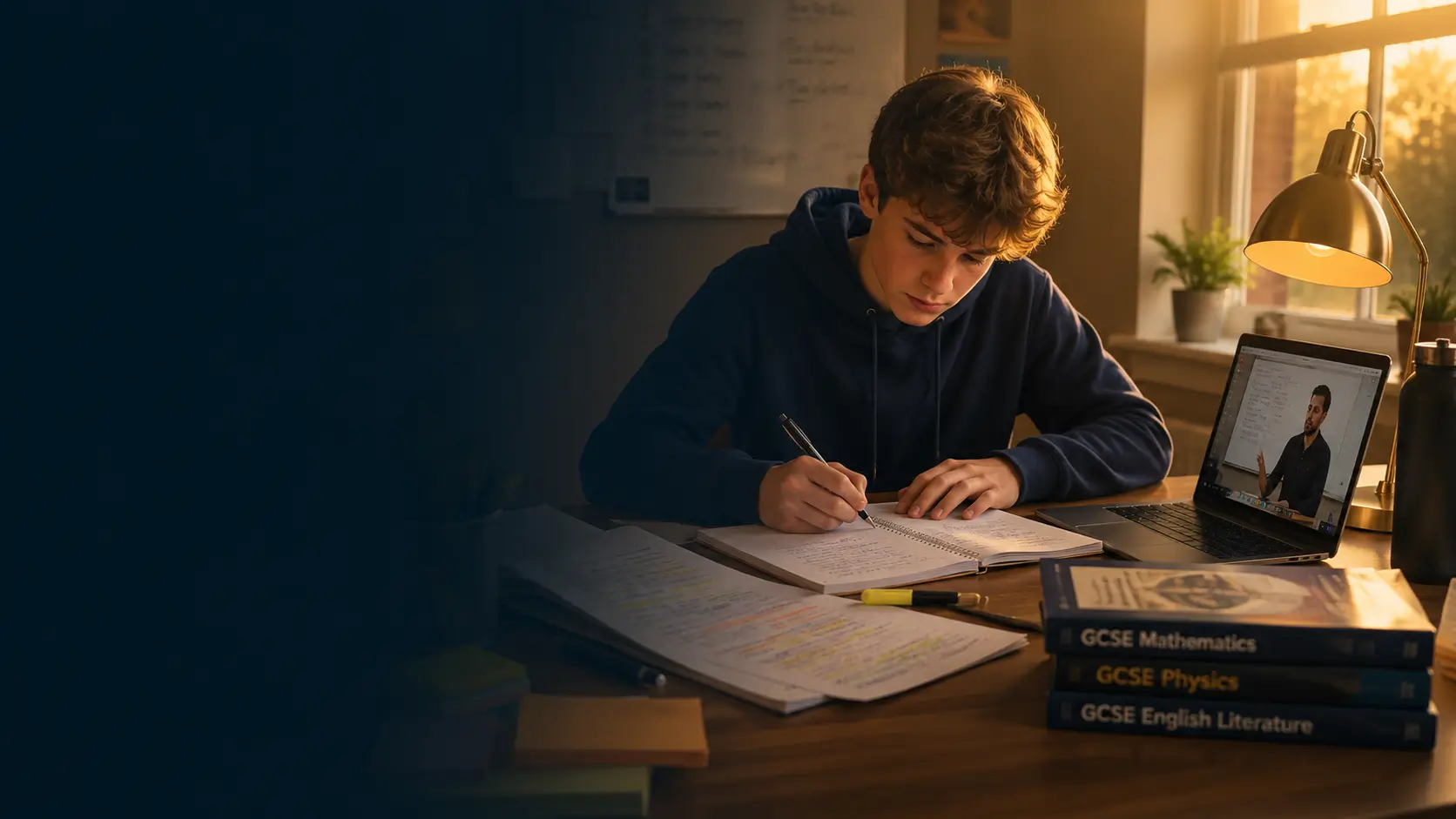 A focused UK GCSE student studying at a desk with revision notes and a laptop