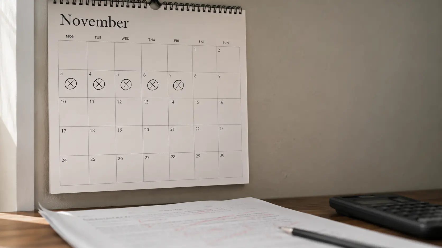 A wall calendar with the November exam dates marked, a marked past paper open on the desk beside it