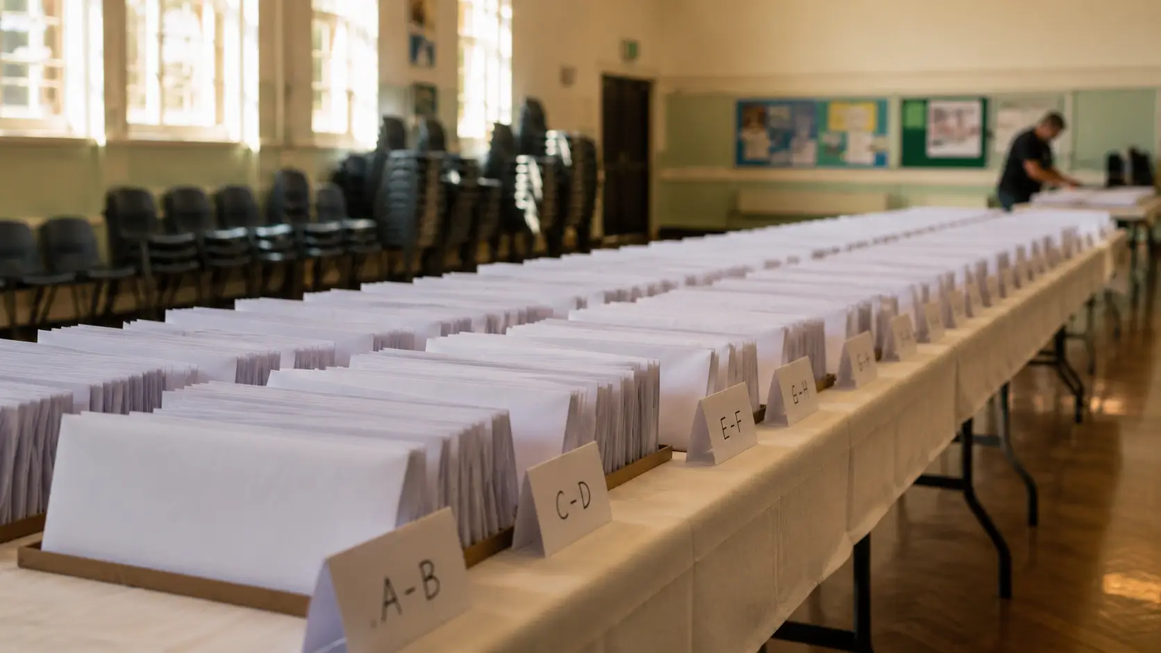 A school hall on results day, envelopes laid out in rows on a table beside a printed name list