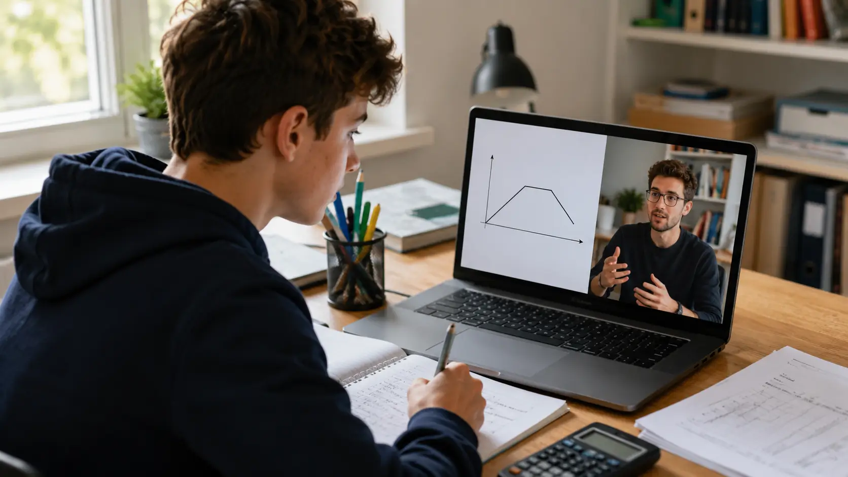 A GCSE student at a laptop working through a physics motion graph with a tutor on screen