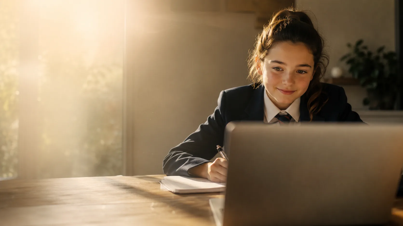 Student in school uniform writing notes during a live one-to-one online lesson with a tutor on her laptop