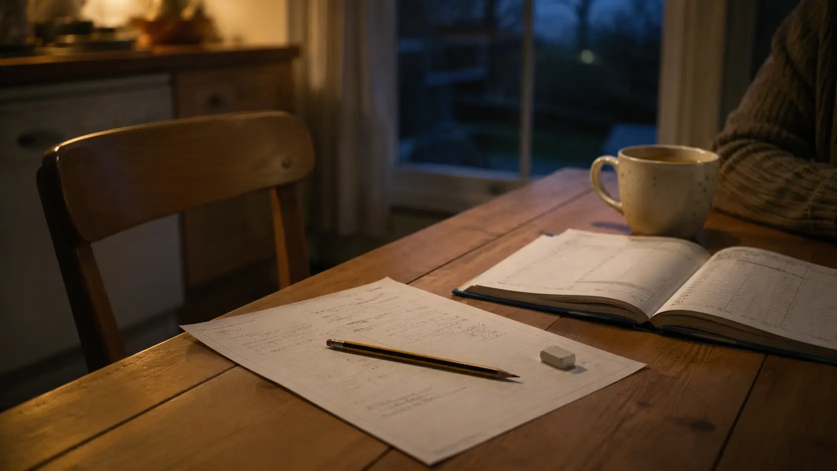 A kitchen table at dusk with a half-finished worksheet, a school planner and a parent's cup of tea at the edge of the frame