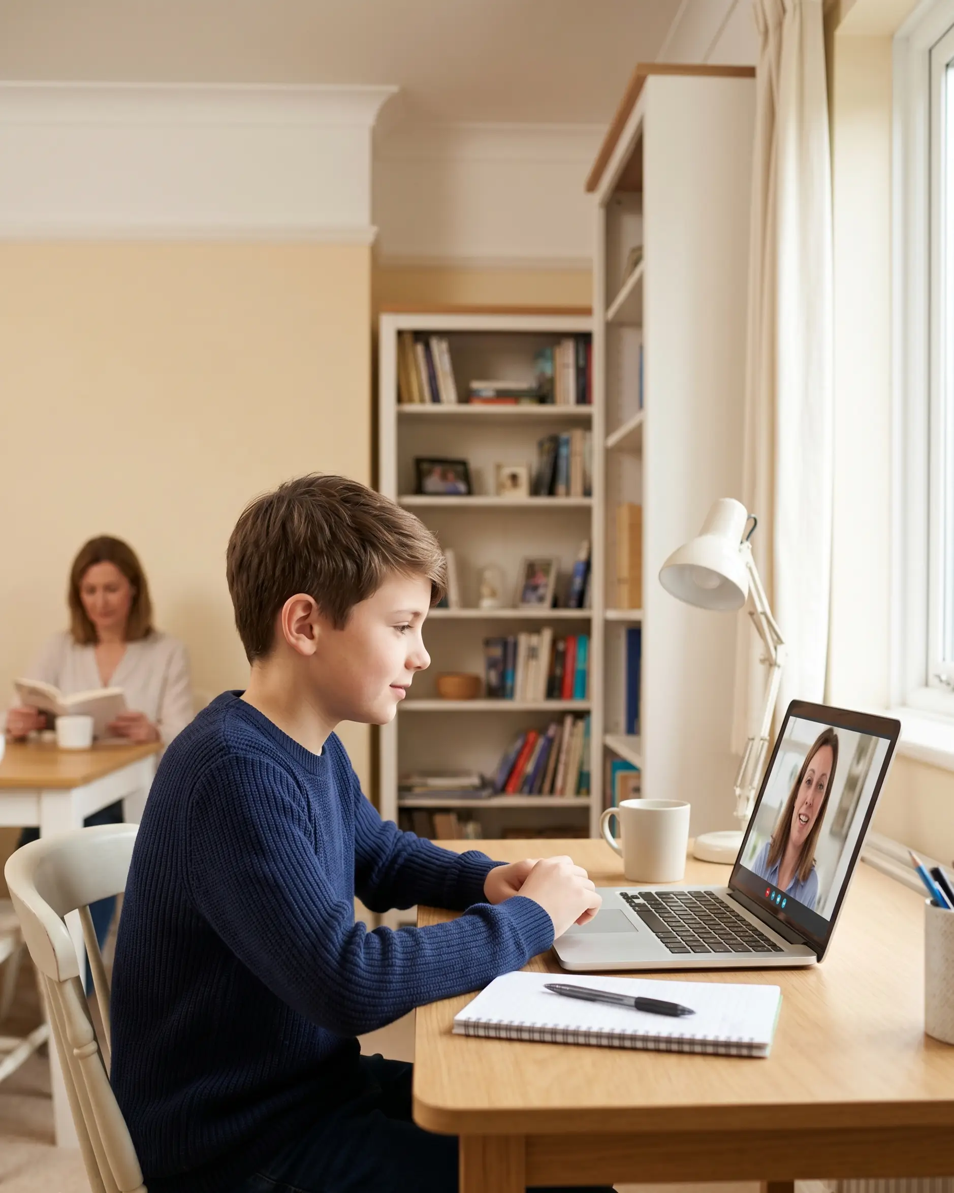 A parent and child at home, child sitting at a laptop during an online tutoring session, tutor visible on screen