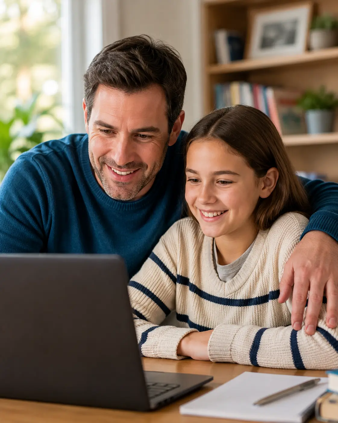 A parent and child sitting together at a laptop during an online tutoring lesson