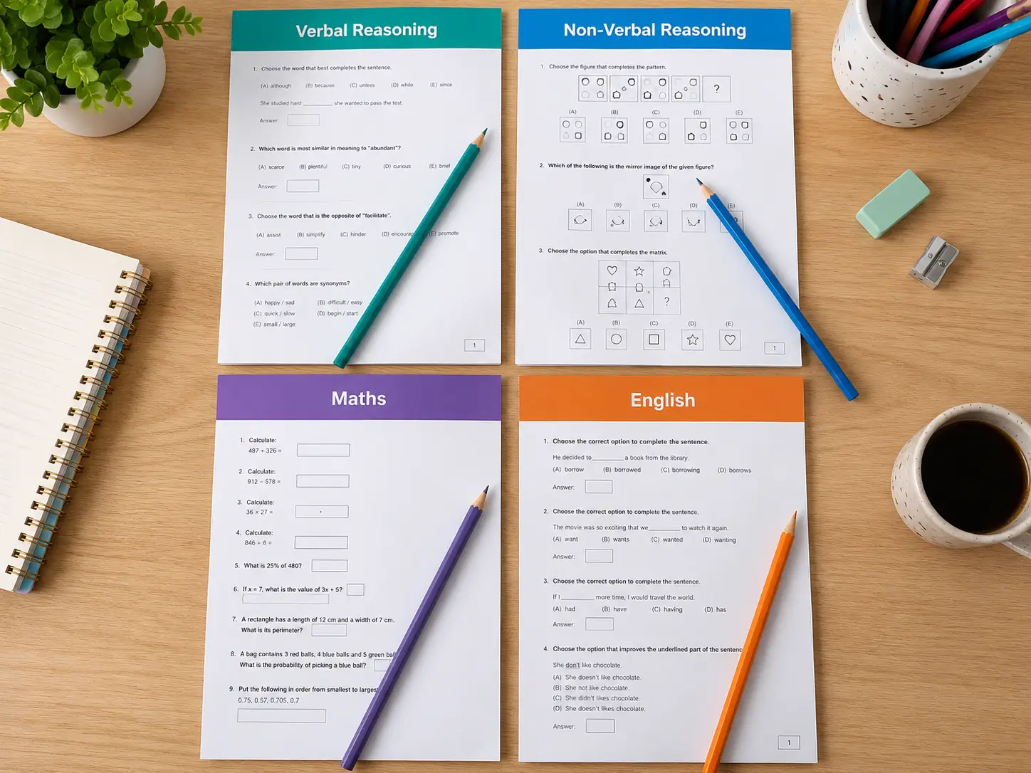 11+ practice papers and a pencil laid out on a desk ready for a timed session