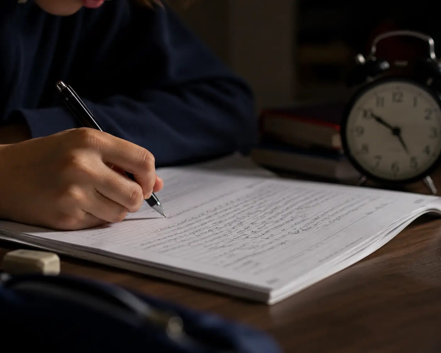 A sixth-form student writing a timed essay answer against the clock