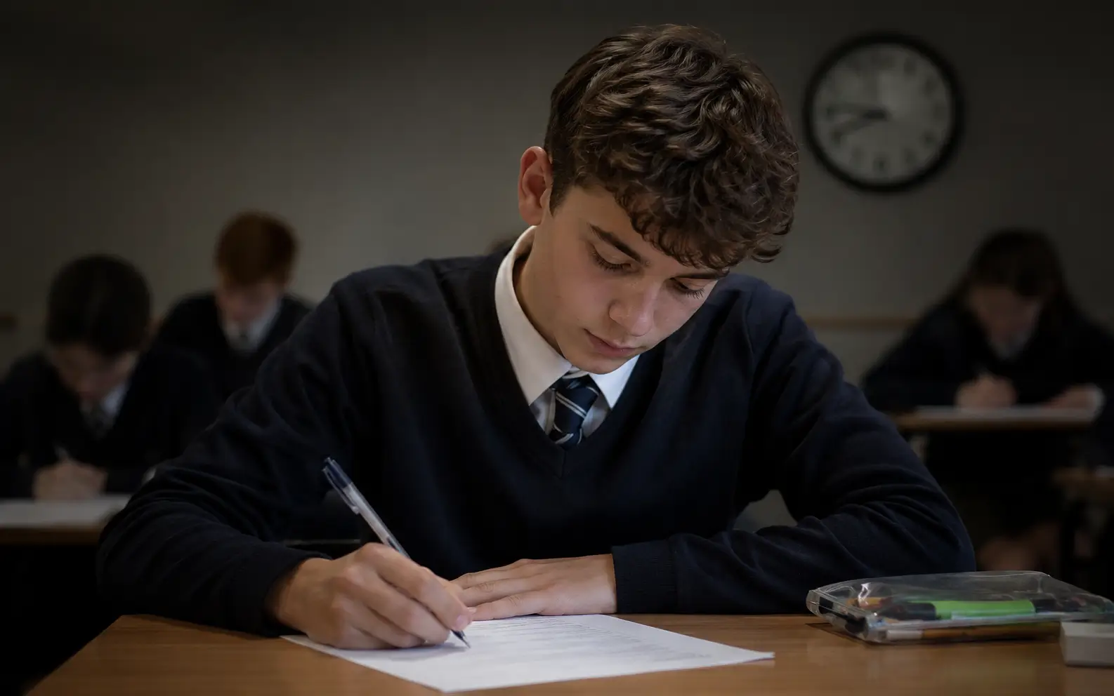 A UK GCSE student sitting a mock exam at a desk, focused and calm