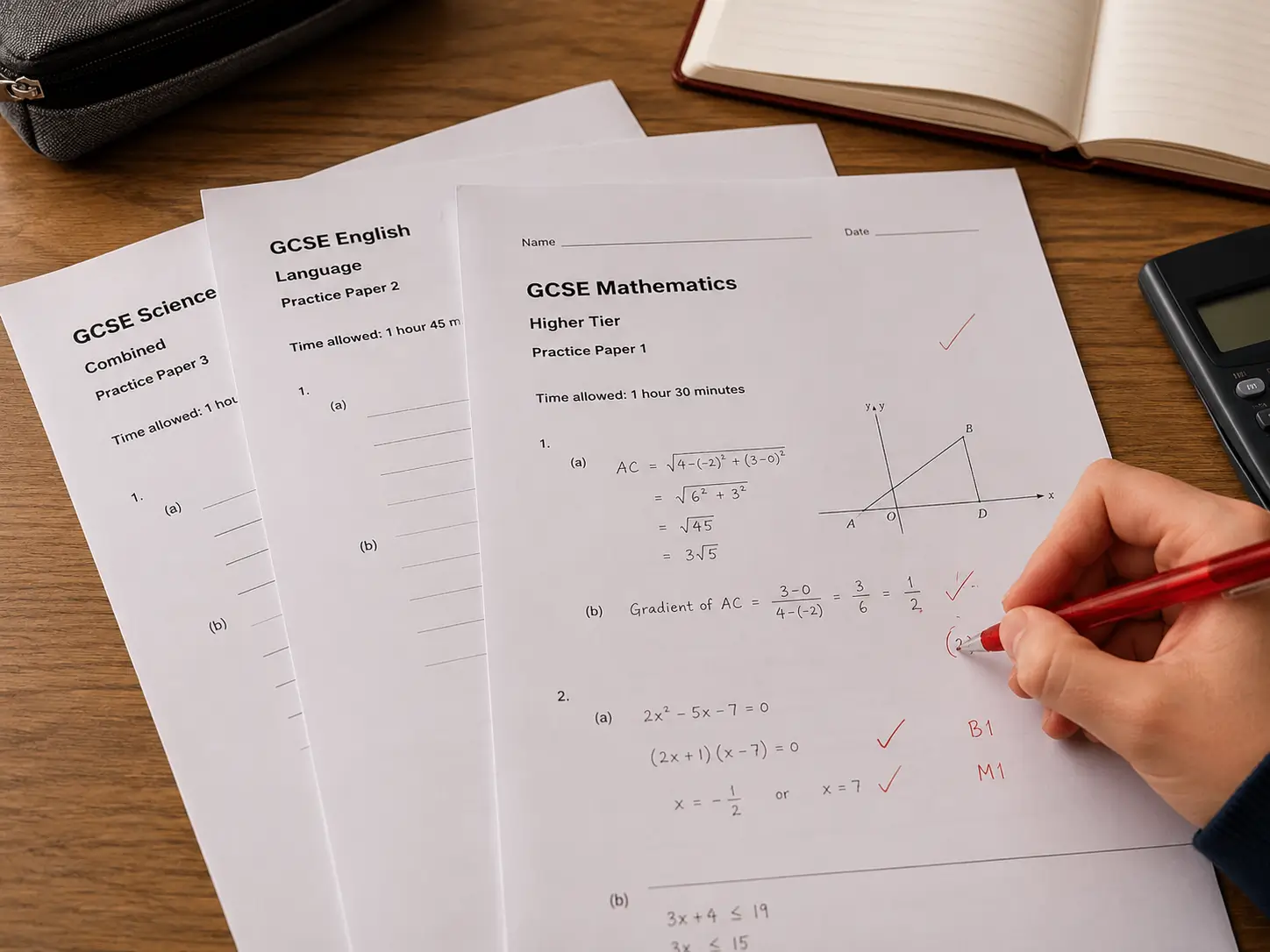 GCSE past papers and revision notes spread across a desk