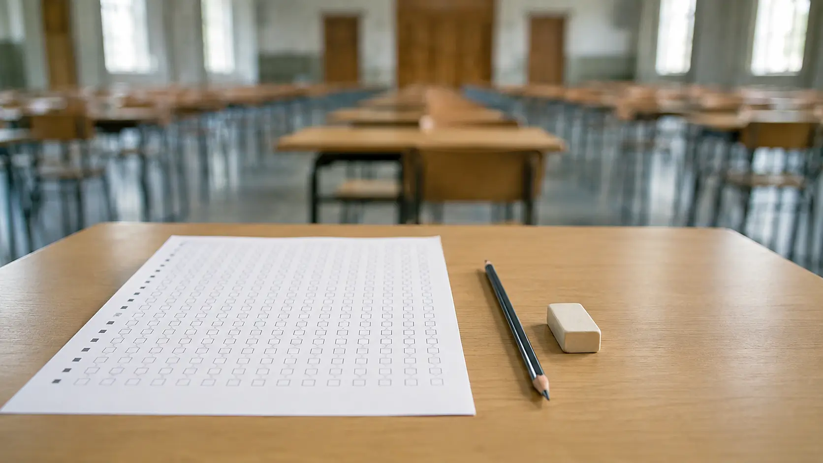 A blank multiple-choice answer sheet with a pencil and eraser on a desk in an empty school exam hall