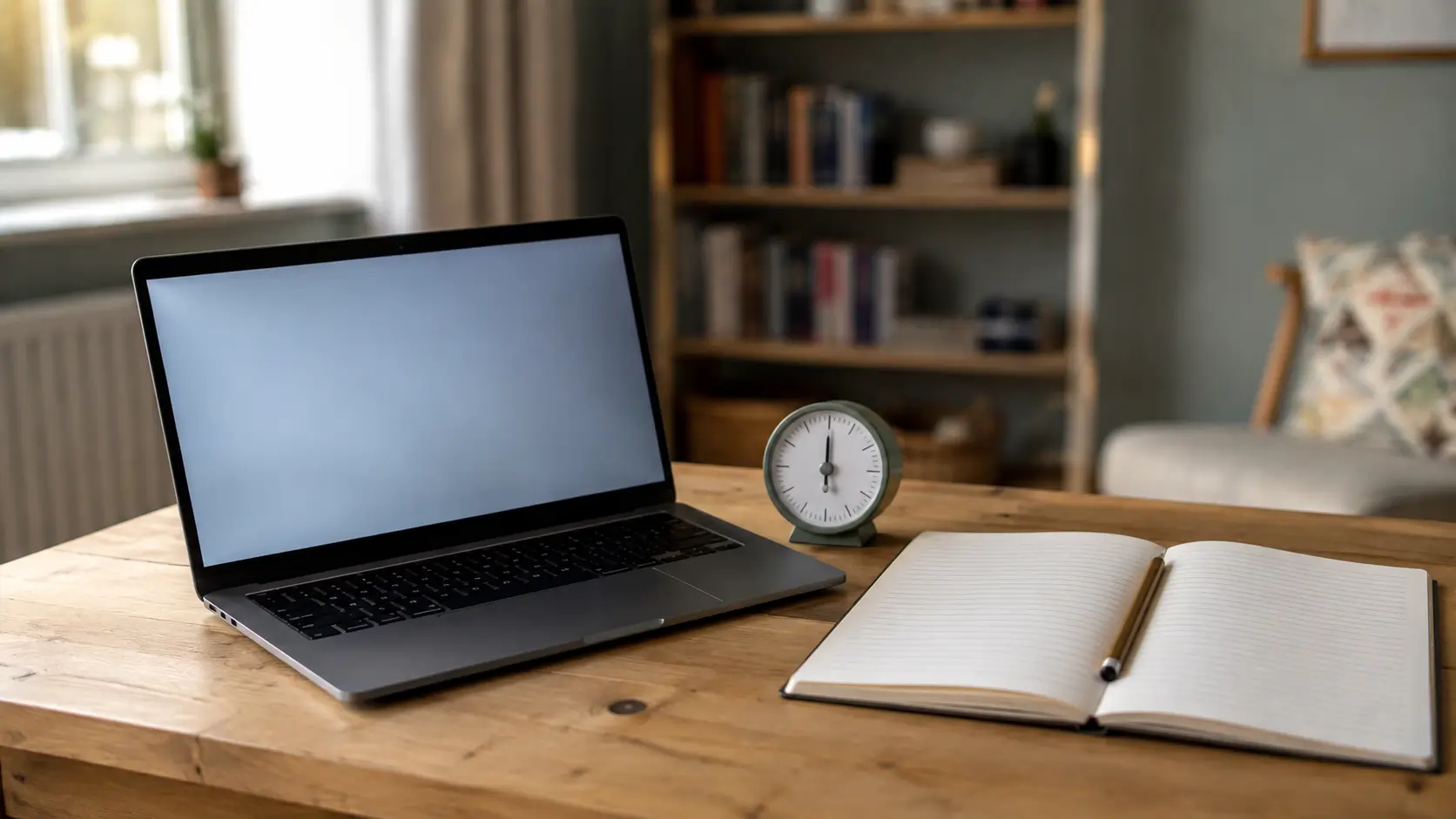A laptop open on a desk beside a lined notebook and pencil, set for a timed practice paper in a quiet room at home
