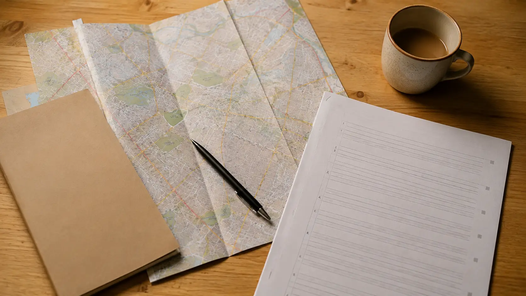 A kitchen table with a wall map, a school prospectus and a timed practice paper laid out side by side