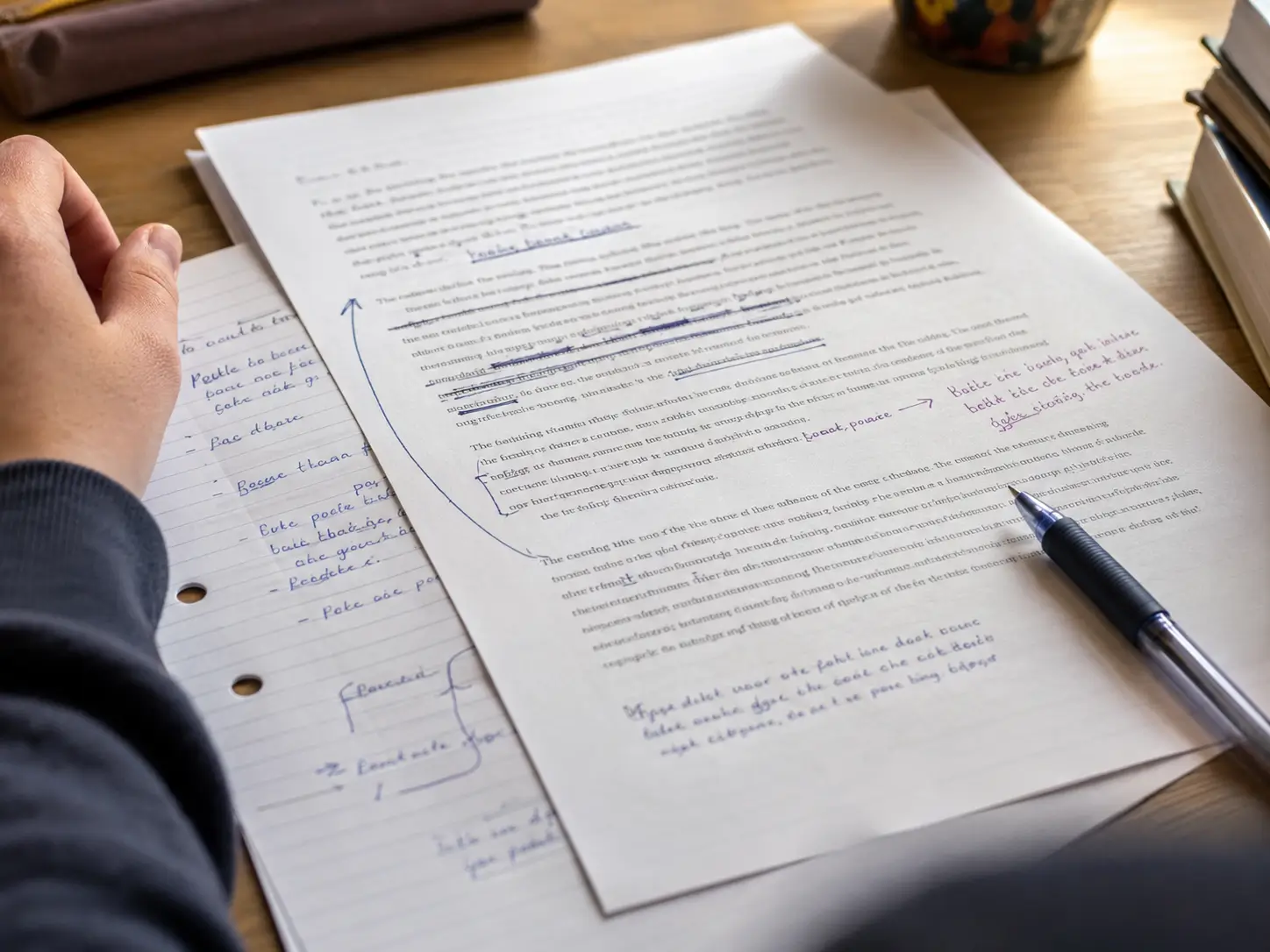 A sixth-form English Literature essay draft mid-redraft, with a paragraph struck through, an arrow moving text and notes added in the margin