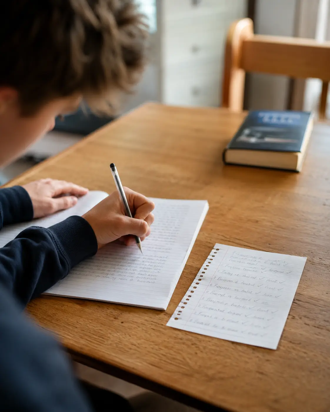 A student writing an essay from memory, the novel closed at the far side of the table and a hand-written list of short quotations ticked off beside them