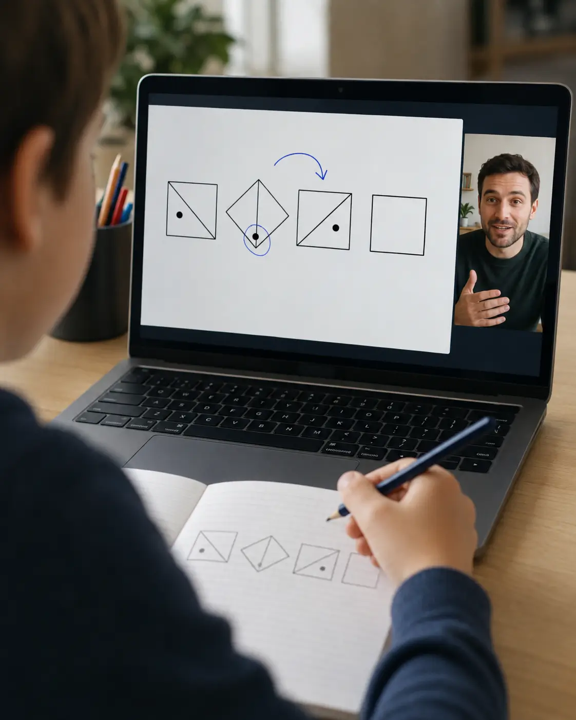 A tutor annotating a shape sequence live on a shared screen while a child watches on a video call