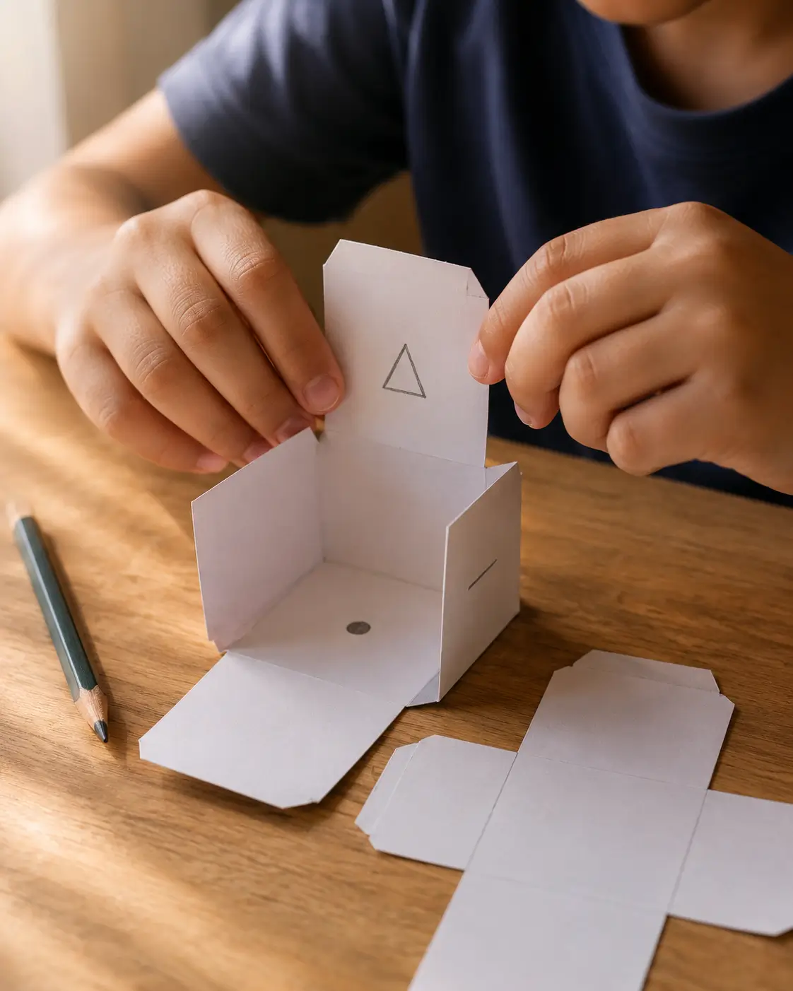 A child folding a paper cube net at a desk beside a laptop, working out which faces meet